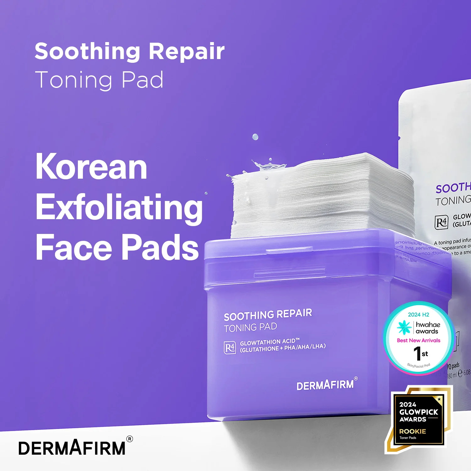 Dischete exfoliante îmbibate cu Glutation si PHA/AHA/LHA, Soothing Repair Toning Pad R4, 180ml/70buc, Dermafirm