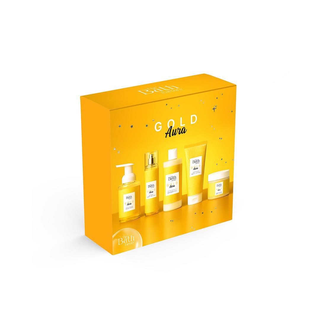 Gold Aura Gift Box (Lotiune, Scrub, Gel de Dus, Sapun Lichid, Body Mist), The Bath Factory