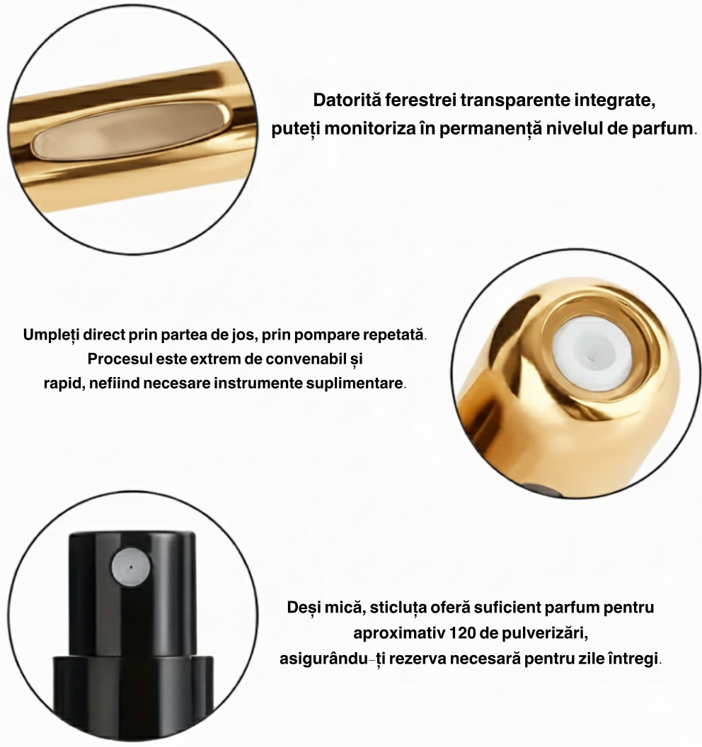 Sticluță reîncărcabilă cu atomizor Gold, Travel Perfume Atomiser, OSEM, 5ml