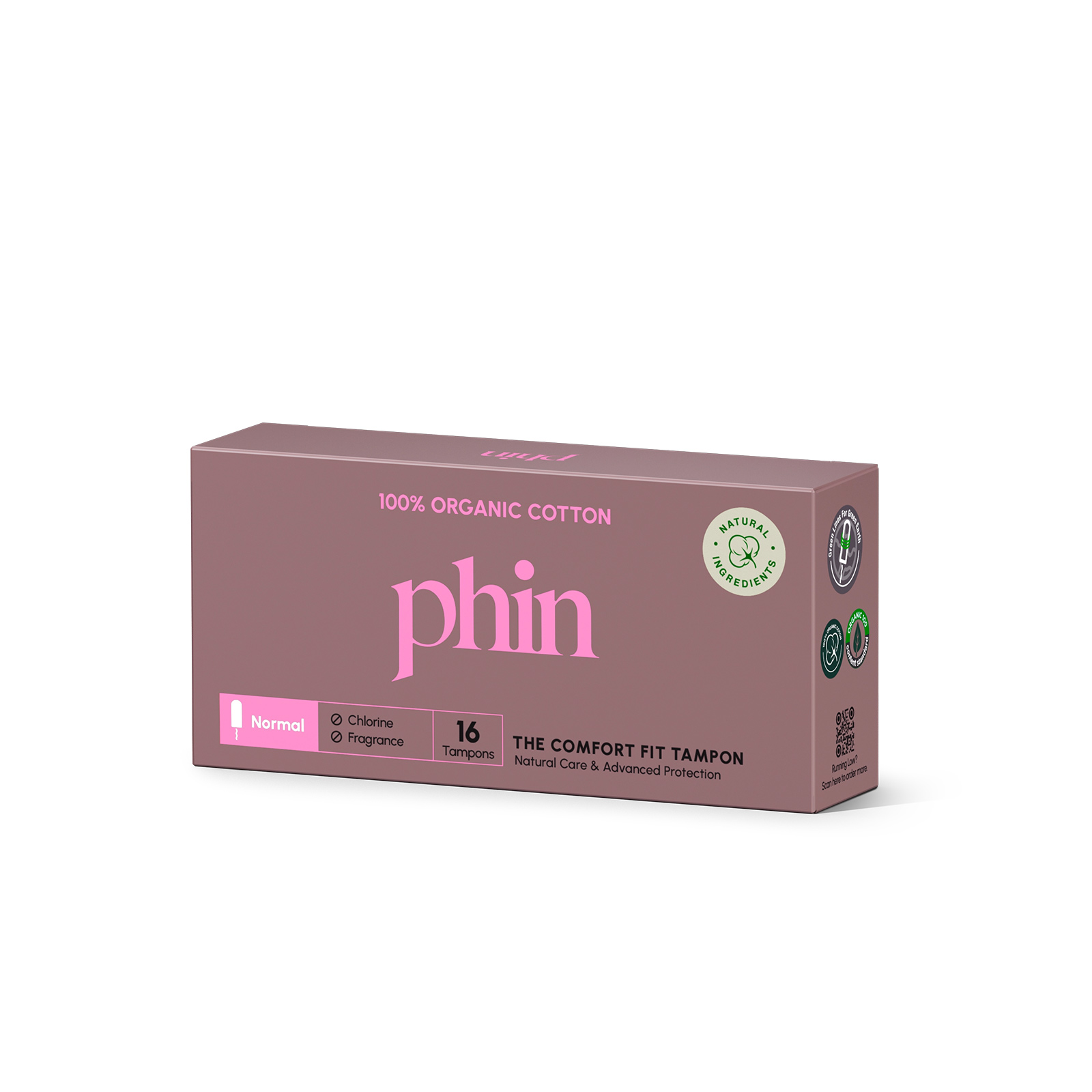 Tampoane din bumbac 100% organic, flux moderat, 16 buc, Phin