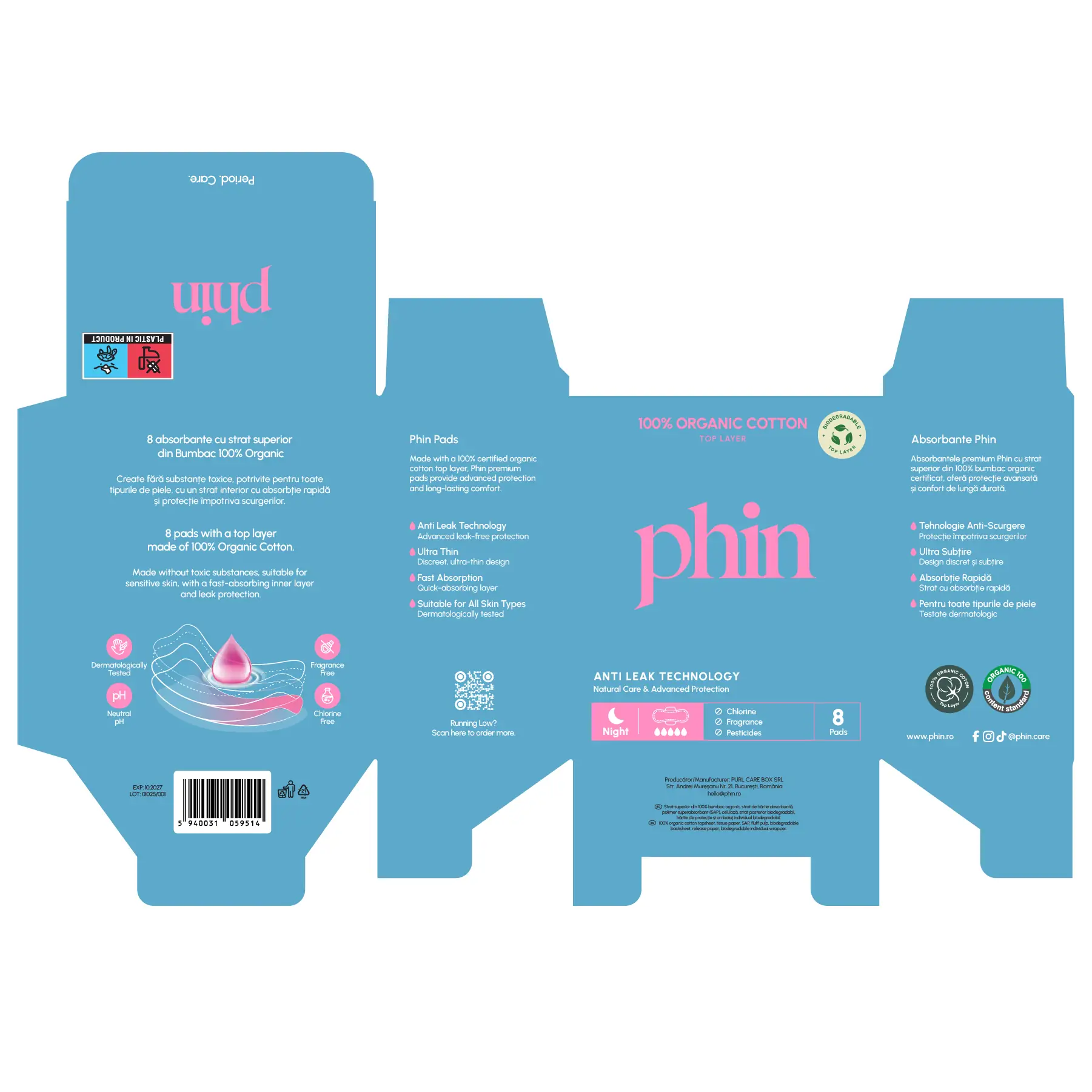 Absorbante de noapte din Bumbac Organic, 8buc, Phin