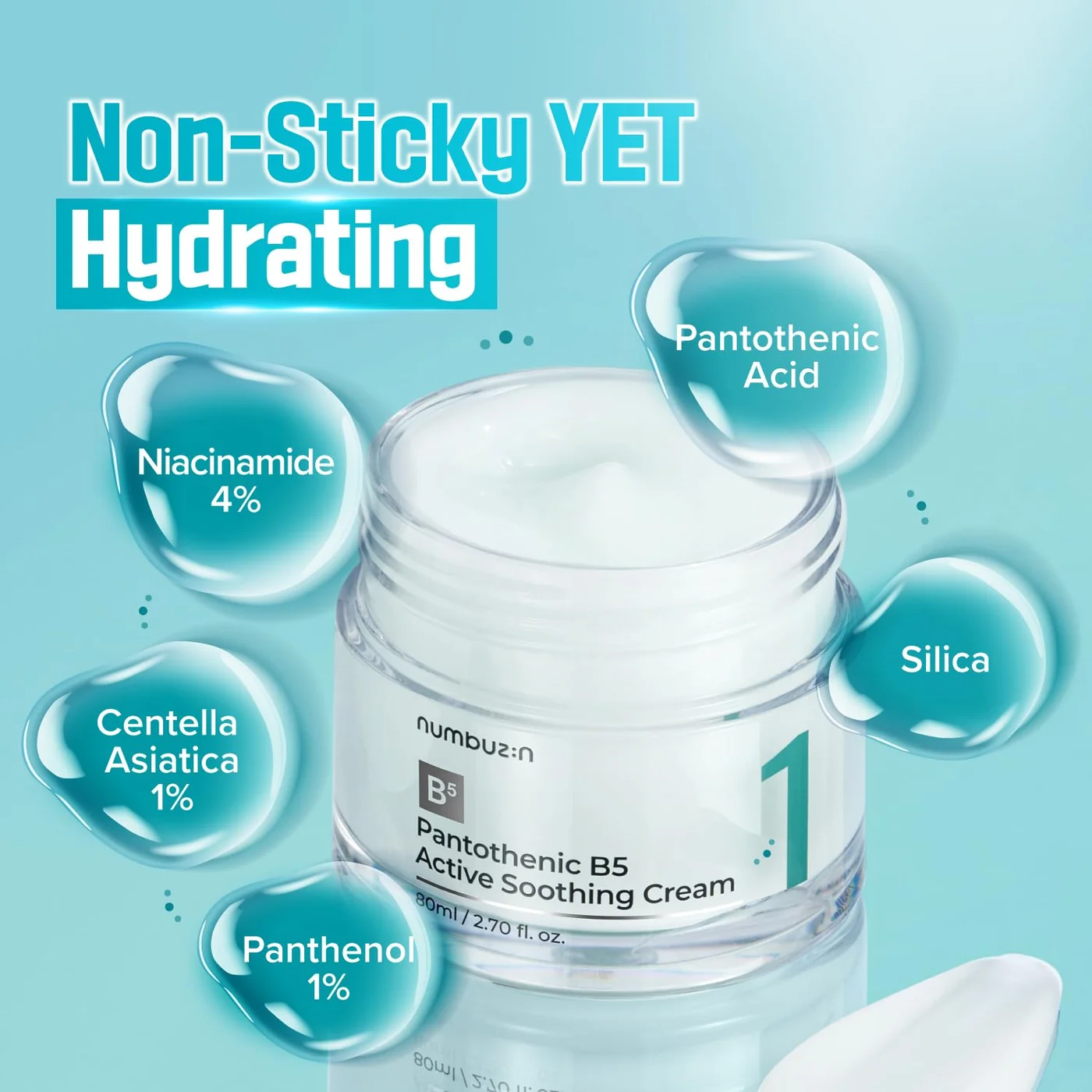 Cremă de față pentru hidratare, calmare și controlul sebumului cu vitamina b5, niacinamide și centella asiatica, No.1 Pantothenic B5 Active Soothing Cream, 80ml, Numbuzin