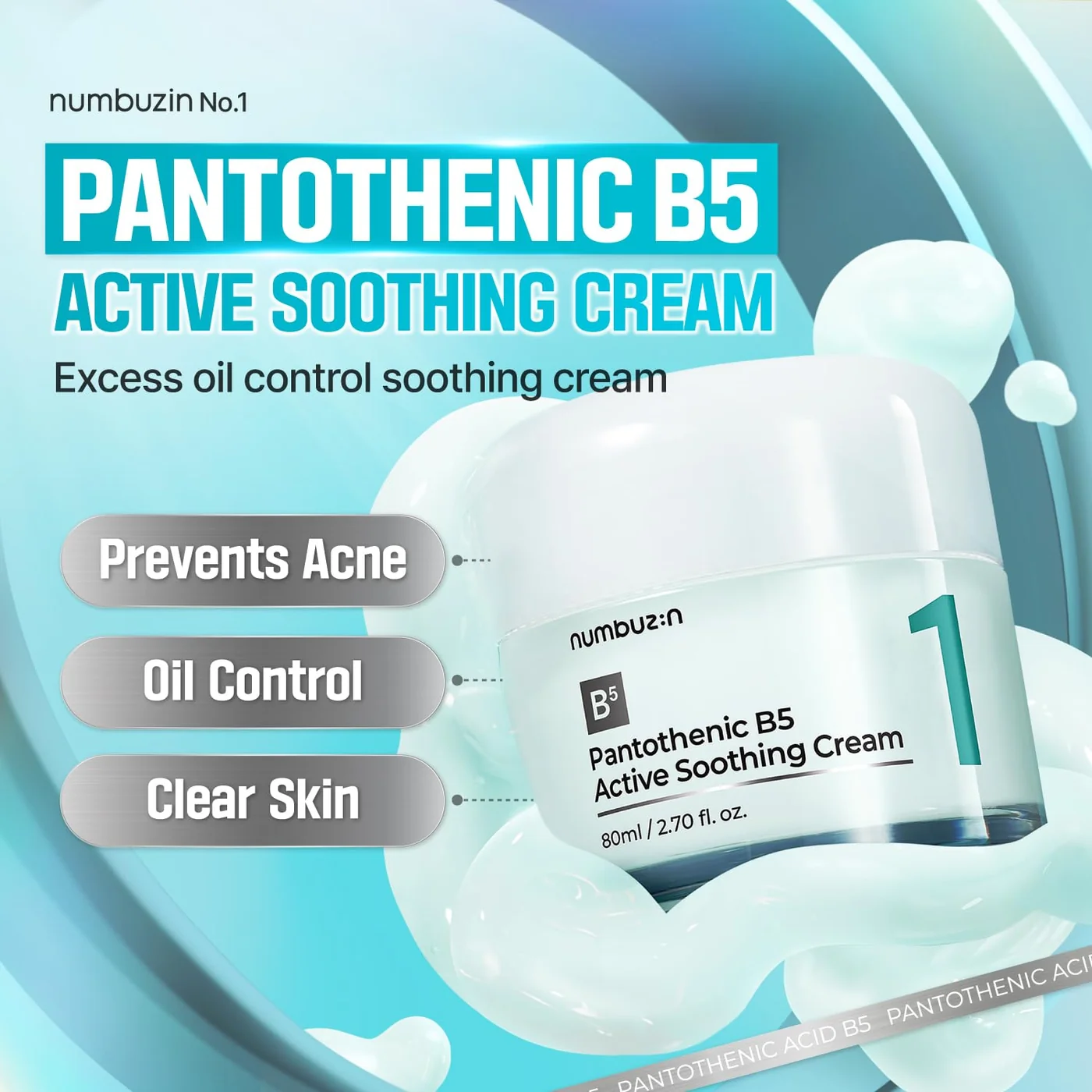 Cremă de față pentru hidratare, calmare și controlul sebumului cu vitamina b5, niacinamide și centella asiatica, No.1 Pantothenic B5 Active Soothing Cream, 80ml, Numbuzin