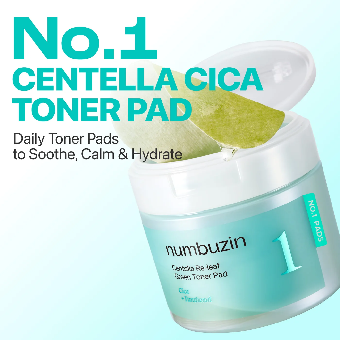 Dischete tonice pentru calmare și hidratare cu centella asiatica, No.1 Centella Re-Leaf Green Toner Pad, 190ml/70 buc., Numbuzin