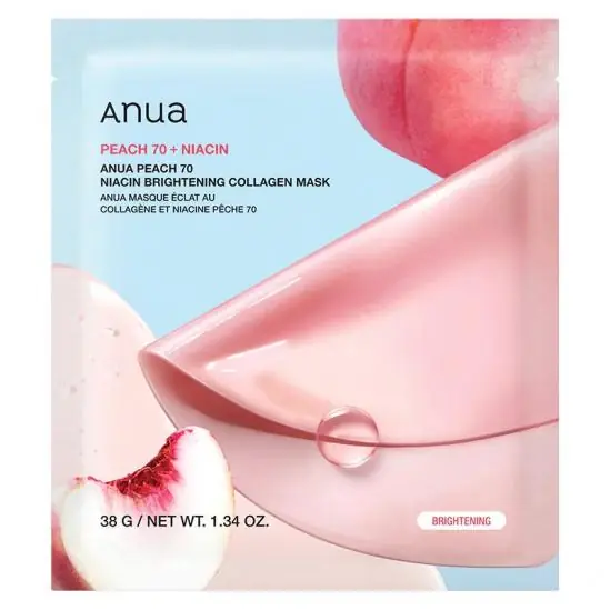 Mască hidrogel cu 70% apă de piersică, niacinamidă și colagen, Peach 70 Niacin Brightening Collagen Mask, 38 g, Anua