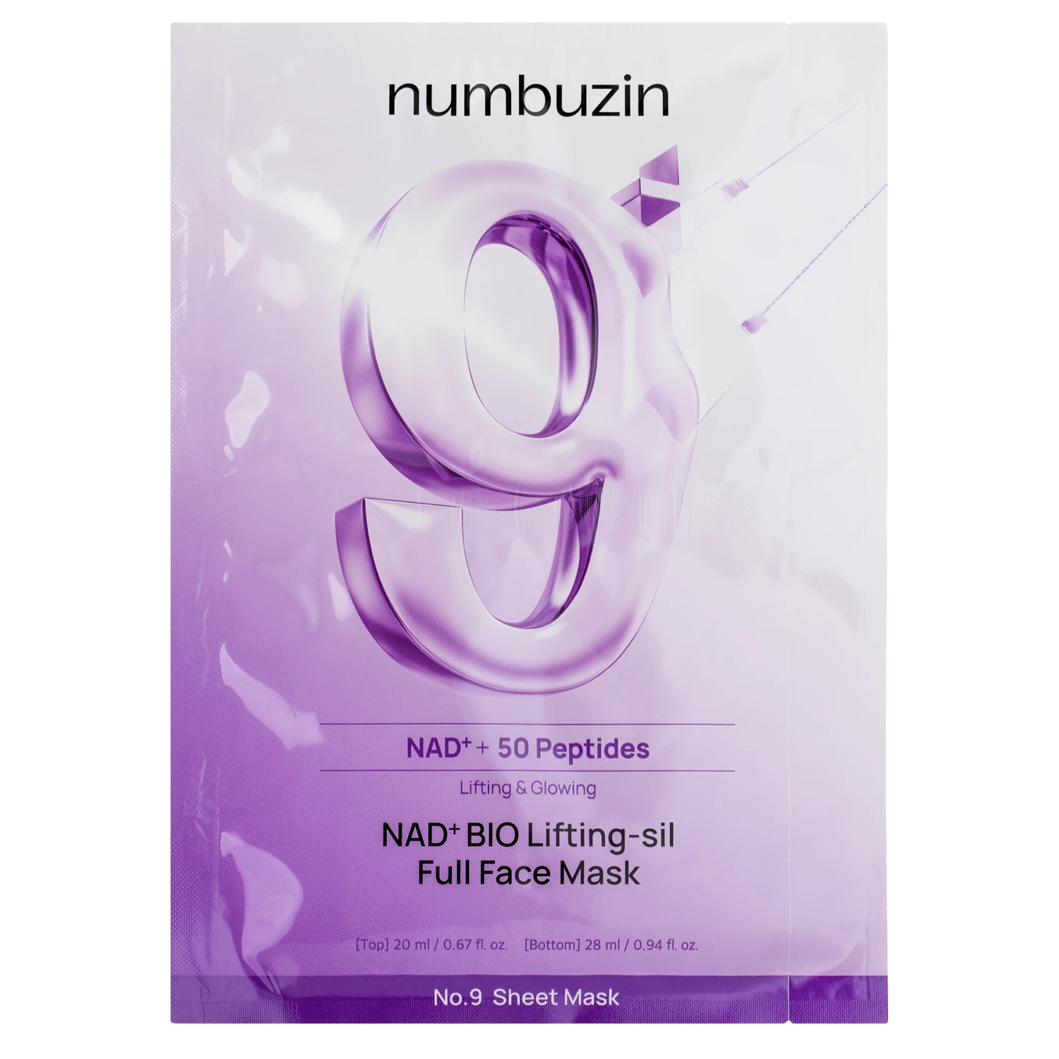 Mască pentru fermitate și hidratare cu nad, niacinamide și colagen hidrolizat, No.9 NAD Bio Lifting Full Cover Facial Mask, 1 buc./26 ml, Numbuzin