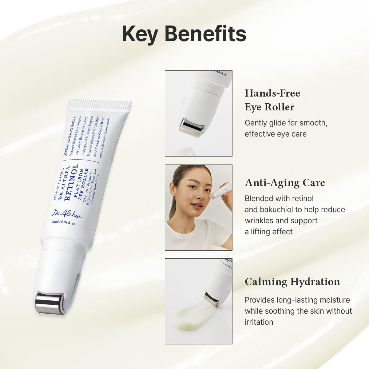 Ser-crema pentru ochi anti-aging cu retinol, bakuchiol, Retinol Flat Iron Eye Roller, 25 ml, Dr. Althea